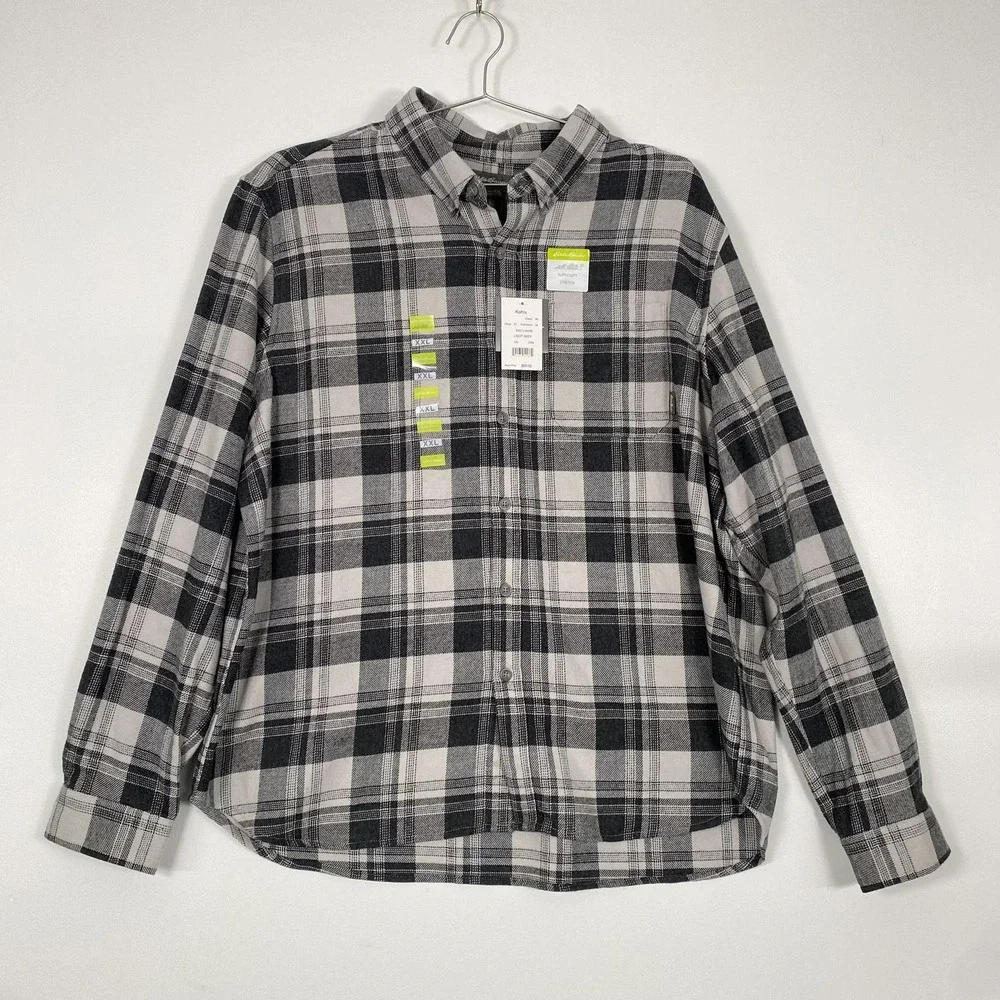 NWT Eddie Bauer Shirt Mens 2XL Gray Plaid Supersoft Stretch Flannel Button Front